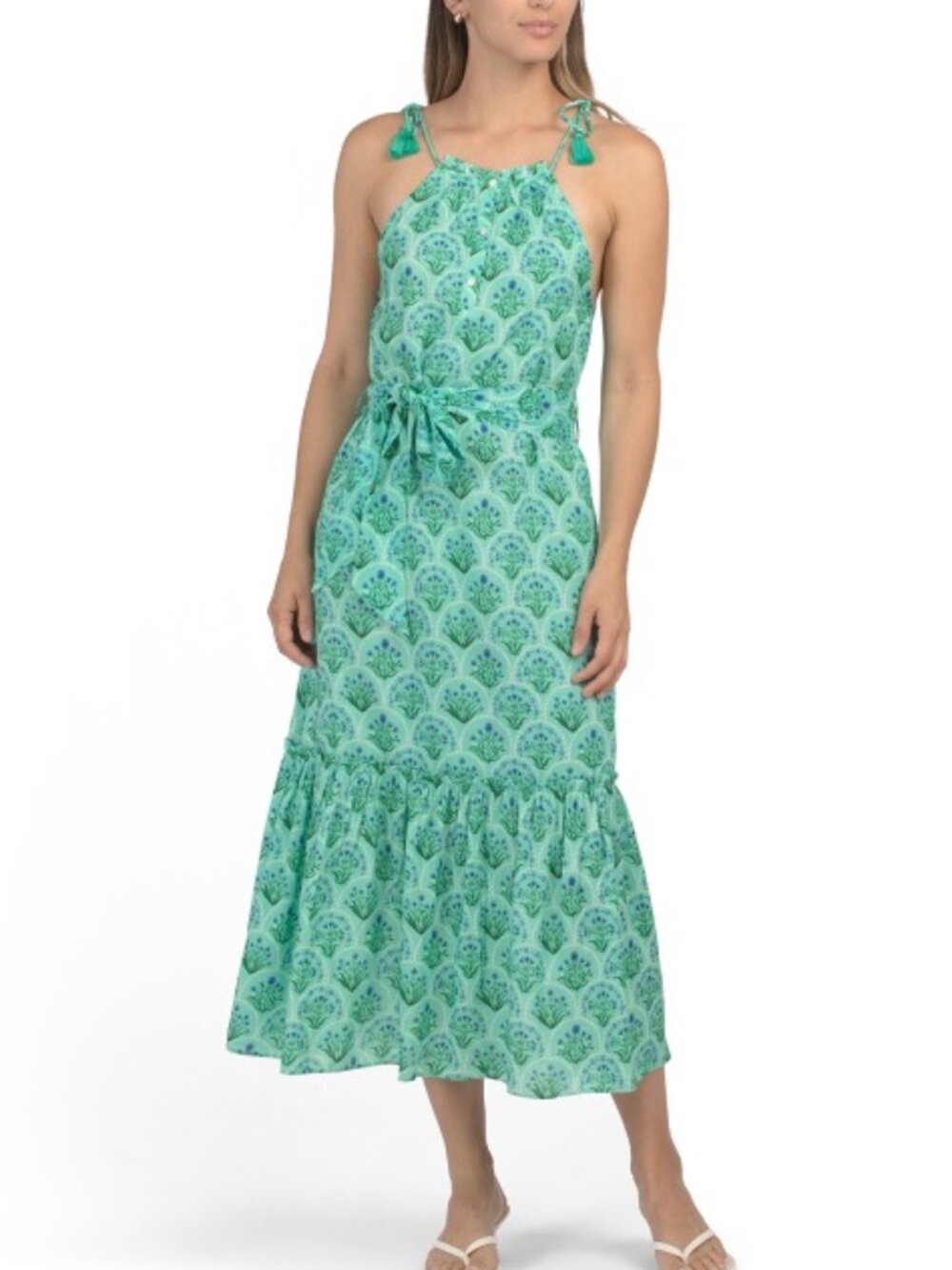 Anthro CELINA MOON Green Floral Tassel Tie Waist Maxi Dress Pockets Resort M NWT